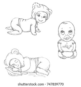 Vector set of three monochrome outline dressed children: a child in a T-shirt and socks, in a hood with ears, sleeping on a pillow