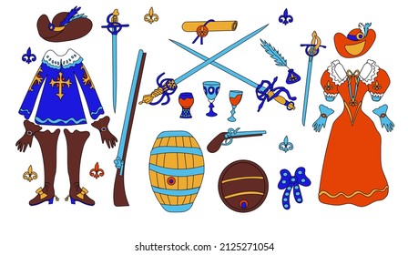 Vector set of Three Musketeers: a musketeer costume with boots, gloves and a hat, an antique weapon, a musket and a sword, a letter with the royal seal, woman's dress and gloves of doodles  style