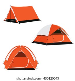 Vector set of three orange camping tents vector illustration. Camping equipment, camping gear, camping icon