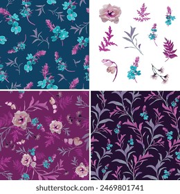 Vector set of three pattern and their isolated wild flower elements