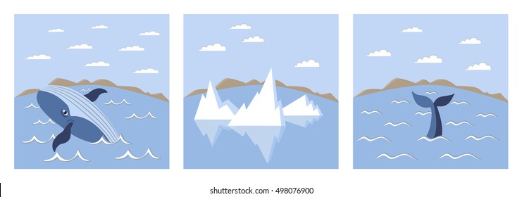 Vector set of three pictures a flat style. Iceland and Arctic theme. Iceberg on the ocean, whale surfaces. Mountains on the background. Clouds and sky. Denim colors