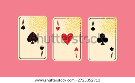 Vector set of three playing card aces with suits hearts, clubs, and spades isolated on pink background. Flat illustration design magic performance and illusion concept