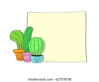 vector set of three pretty colorful cactuses in different pots with square background