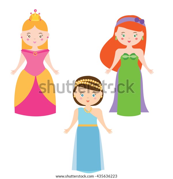 Vector Set Of Three Princesses In Cartoon Style Isolated Queen