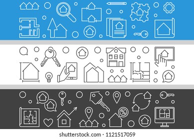 Vector set of three Real Estate creative banners in thin line style