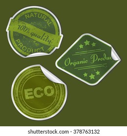 Vector set of three realistic grunge stickers consists of "Natural Product", "Organic Product" and "ECO" signs. May be used in advertising and packaging design. Fully editable set for your projects.