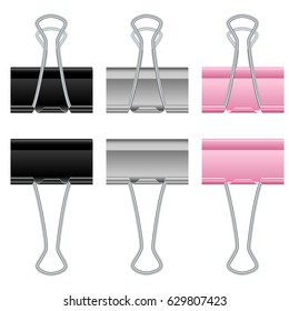 vector set of three realistic paper clips from metal in different positions in balck, pink and grey in detail