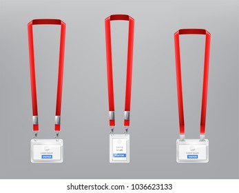 Vector set with three realistic plastic badges, holders with metal clips and red lanyards, ID cards for presentation or conference visitors, press, media, office employees isolated on gray background