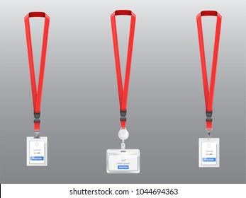 Vector set with three realistic plastic badges, holders with clips, buckles and red lanyards, ID cards for presentation or conference visitors, press, media, office employees isolated on background