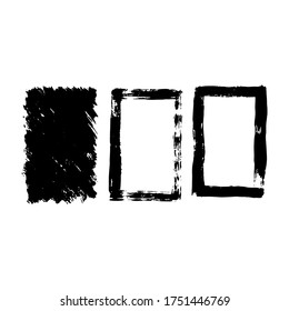 Vector set of three rectangles. Objects in an upright position. One element is completely painted over, the other two only along the perimeter. Grunge design elements. Grungy drawn banners.