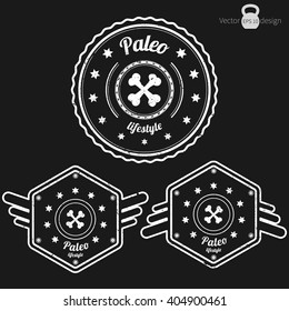 Vector set of three retro Paleo badges, grunge style, white color on dark background