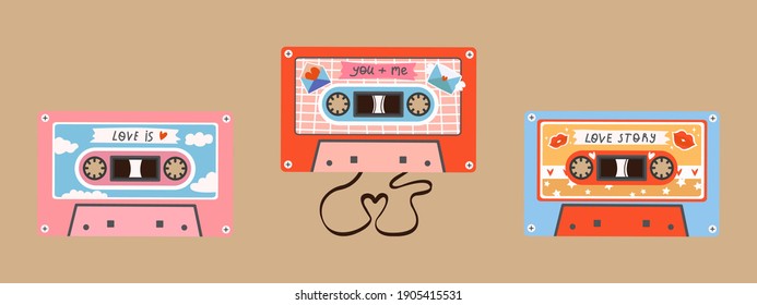 Vector set of three retro vintage cassettes for Valentine's Day. Audio cassettes of love. Love songs, love audio recordings. A tape recording of a love story. Each cassette is isolated.