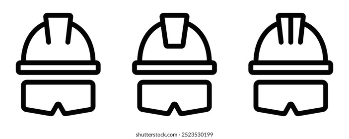 Vector set of three safety helmets with goggles, representing worker safety, construction, or industrial protection. Editable stroke.