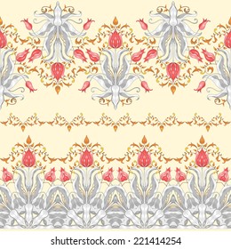 Vector set of  three seamless borders. Tulip flower ornament and decor with leaves. 