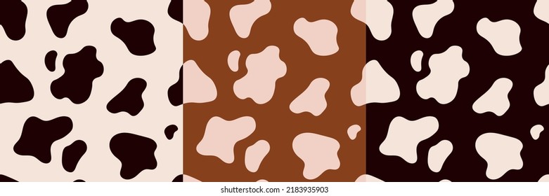 Vector set of three seamless patterns of cow skin. Animal skin template. Spotted cow texture of different colors