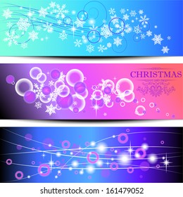 vector set of three seasonal bokeh banners with snowflakes