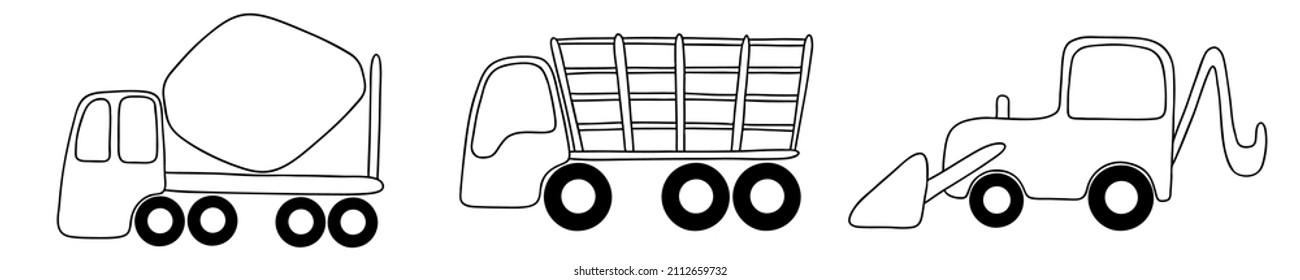 Vector set with three special cars: concrete mixer, truck, bulldozer. Graphic illustration for colouring pages, sticker, print.