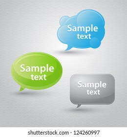 Vector set of three speech bubbles: square, oval and cloud shapes.