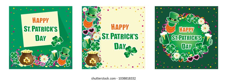 Vector set of three St. Patrick's day greeting cards with clover leaves, beer mugs, leprechauns hats, confetti
