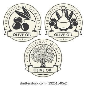 Vector set of three stickers or labels for olive oil of round shape with ribbons in retro style. Badge for eco production of olive oil. Can be used for cooking, cosmetics and medicine