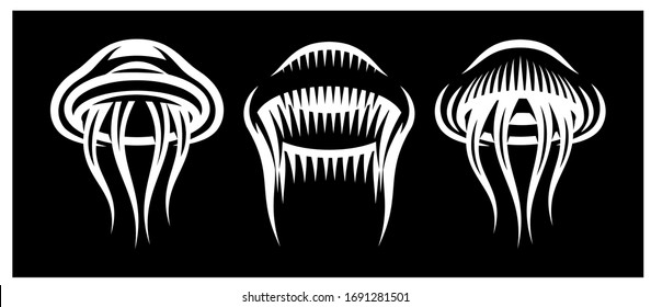 Vector set of three stylish marine jellyfish on black background.