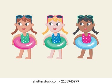 Conjunto de vectores de tres niñas pequeñas de verano con anillos de goma coloridos, trajes de baño y gafas de sol