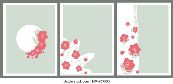 Vector set of three templates for greeting cards. Red japanese camellia on a green background drawn by hand. Cards for congratulations, invitations, celebrations.