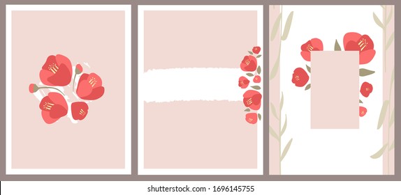 Vector set of three templates for greeting cards. Red japanese camellia on a pink background drawn by hand. Cards for congratulations, invitations, celebrations.