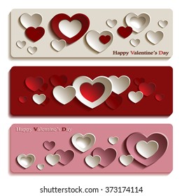 Vector Set of Three Trendy Banners for Valentine's Day with Cute Pink, Red and White Paper Hearts 