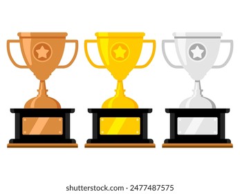 Vector set of three trophy cups: bronze, gold, and silver, with nameplates on black bases. Perfect for competition themes, award presentations, achievement graphics, and motivational content