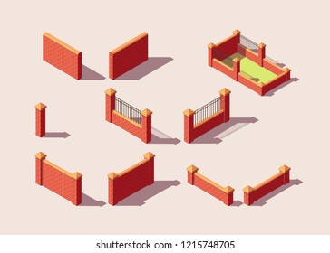 Vector set from three type isometric fence elements for design