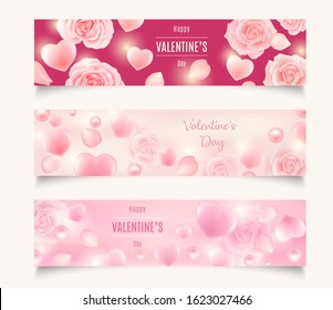 Vector set of three Valentines Day header designs. Wallpaper, flyers, voucher, banners.