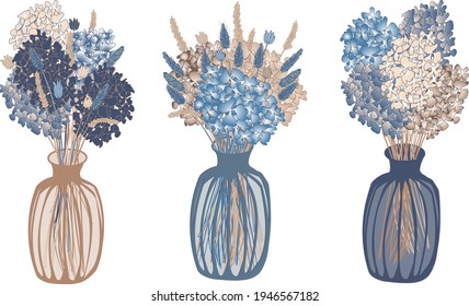 vector set of three vases with flowers and dried flowers in boho style in blue and beige tones on a white background