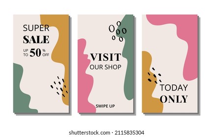 Vector set of three vertical abstract backgrounds. Ready template for social media, story, post. Reels template for smartphone. Flat style illustration. Design of business, flyer, blogging, poster.
