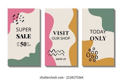 Vector set of three vertical abstract backgrounds. Ready template for social media, story, post. Reels template for smartphone. Flat style illustration. Design of business, flyer, blogging, poster.