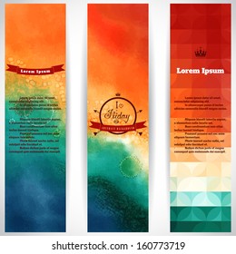 Vector set of three vertical banners. Multicolored watercolor and shapes. Beautiful inscription in retro style - I love Friday. Place for your text. 