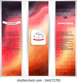 Vector set of three vertical banners. Multicolored watercolor and shapes. Beautiful inscription in retro style -Monday it's time to work.  Place for your text.