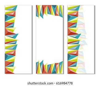 Vector set of three vertical banners. Multicolored triangles.
