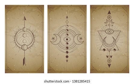 
Vector set of three vintage backgrounds with geometric symbols and frames. Sacred mystic signs drawn in lines. In sepia colors. For you design and magic craft.