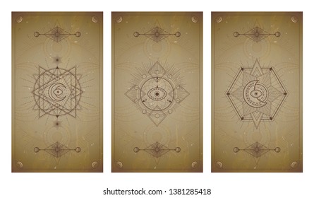 
Vector set of three vintage backgrounds with geometric symbols and frames. Sacred mystic signs drawn in lines. In sepia colors. For you design and magic craft.