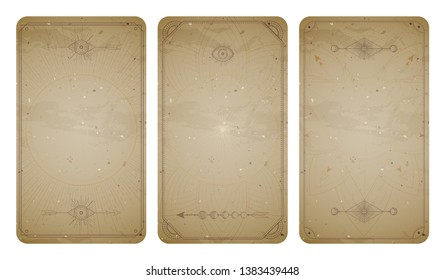 
Vector set of three vintage backgrounds with geometric symbols and frames. Abstract geometric symbols and sacred mystic signs drawn in lines. In sepia colors. For you design and magic craft.