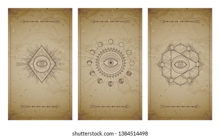 
Vector set of three vintage backgrounds with geometric symbols and frames. Sacred mystic signs drawn in lines. In sepia colors. For you design and magic craft.