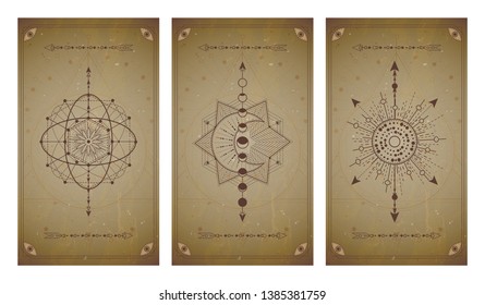 
Vector set of three vintage backgrounds with geometric symbols and frames. Sacred mystic signs drawn in lines. In sepia colors. For you design and magic craft.