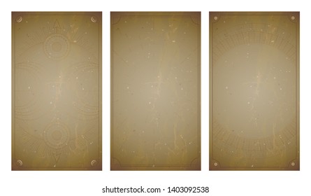 Vector set of three vintage backgrounds with geometric symbols and frames. Sacred mystic signs drawn in lines. In sepia colors. For you design and magic craft.