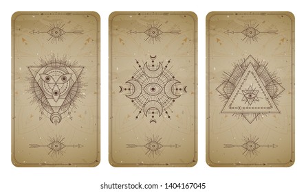 Vector set of three vintage backgrounds with geometric symbols and frames. Sacred mystic signs drawn in lines. In sepia colors. For you design and magic craft.