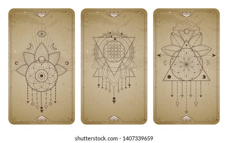 Vector set of three vintage backgrounds with geometric symbols and frames. Sacred mystic signs drawn in lines. In sepia colors. For you design and magic craft.