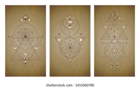 Vector set of three vintage backgrounds with geometric symbols and frames. Sacred mystic signs drawn in lines. In sepia colors. For you design and magic craft.