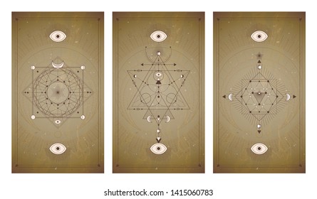 Vector set of three vintage backgrounds with geometric symbols and frames. Sacred mystic signs drawn in lines. In sepia colors. For you design and magic craft.