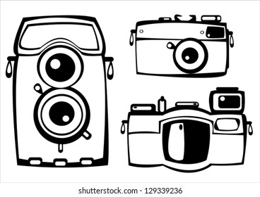 vector set of three vintage film photo cameras isolated on white background