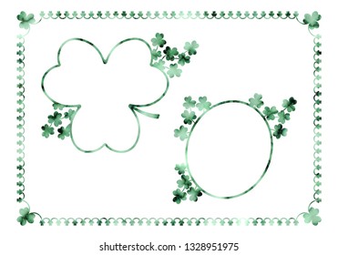 Vector set of three vintage frames with emerald green textured shamrocks isolated on white background. Modern decorative element for Saint Patrick's Day designs.